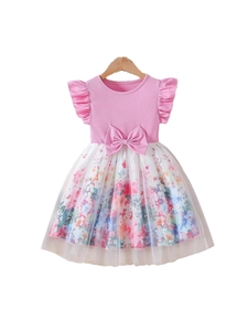 Pink flutter sleeve dress with waist bow and floral mesh skirt for little girls