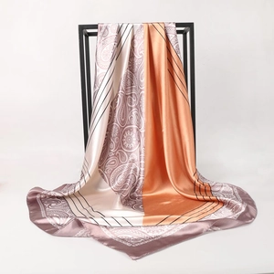 90cm vintage paisley print silk satin square scarf with orange and pink geometric borders