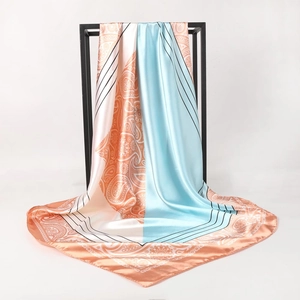 Retro paisley print square silk scarf for women in sky blue and orange 90cm large wrap