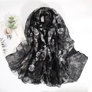 Lightweight black voile scarf with white rose print for women, elegant floral shawl wrap