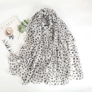 Lightweight white scarf with grey heart print, soft bali yarn shawl for women