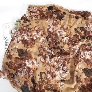 Floral print long scarf in khaki and brown lightweight breathable voile for women