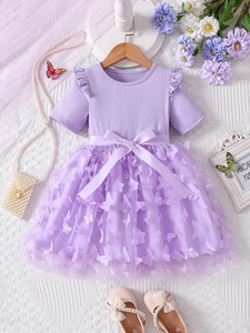 Girls Summer Short Sleeve Dress Cotton Ribbed Knit 3D Butterfly Mesh Tulle Princess Party Birthday For Toddler Kids