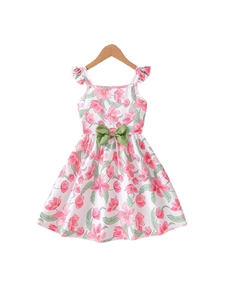 Robe d'été fleurie pour filles avec bretelles volantées et nœud vert sur fond blanc