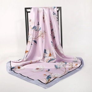 Elegant 90cm floral satin scarf with magnolia prints on a pinkish purple base