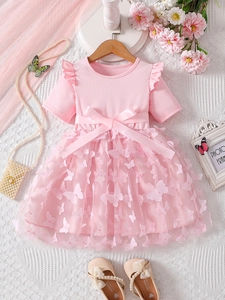 Pink toddler girl short sleeve princess dress with 3D floral appliques and bow belt