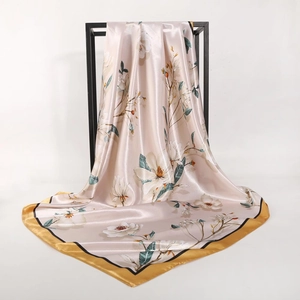 Elegant 90cm champagne satin square scarf with white magnolia floral print and gold border