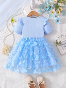 Light blue girls dress with 3D butterflies and ruffle sleeves for birthday parties
