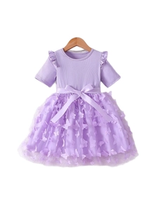 Girls purple princess dress with 3D floral petals and tiered tulle skirt for parties
