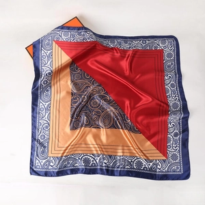 Classic paisley print square satin silk scarf in navy blue and red with orange gift box