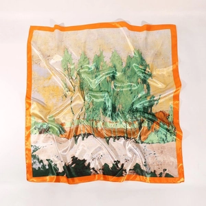 Quadratisches Seidenschultertuch mit Wald-Ölgemälde und orangefarbenem Rand