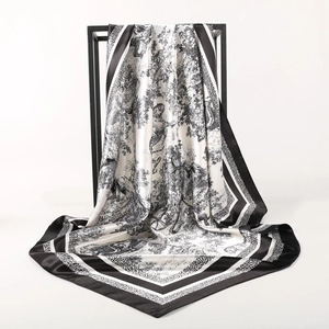Elegante foulard quadrato in raso di seta 90 cm bianco e nero con stampa Toile de Jouy