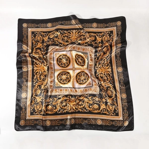 90cm black and gold vintage baroque silk satin square hair scarf with floral patterns