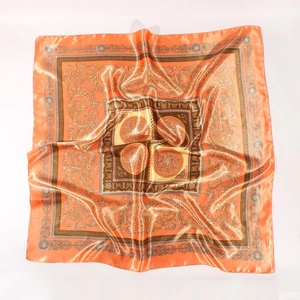 Orange baroque satin silk head scarf with vintage gold scroll patterns and 90cm square shape