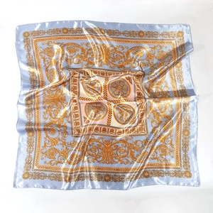 Sky blue and gold baroque pattern 90cm satin silk square hair scarf for women