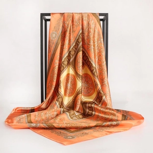 90cm square satin hair scarf featuring vintage gold baroque prints and orange tones