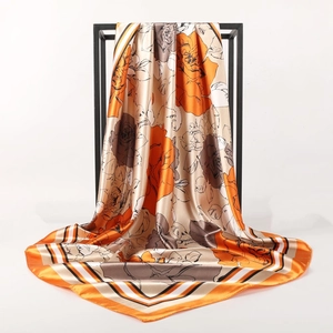 90cm satin silk-like square scarf with floral pattern and stripes on minimalist stand
