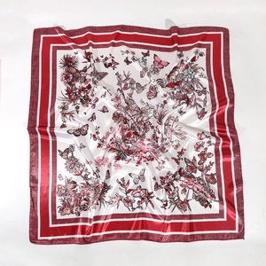 90cm green butterfly and floral silk satin square scarf with red border on ivory base
