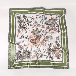 Green butterfly print satin square scarf 90cm with floral patterns and deep green border