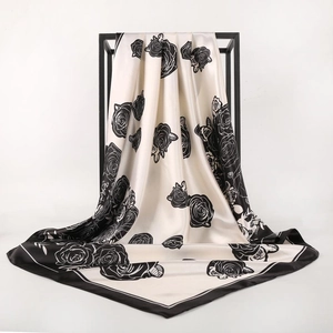 Rose Floral Print Square Scarf Satin Polyester Elegant Headscarf Women Neck Kerchief Decorative Shawl Accessory
