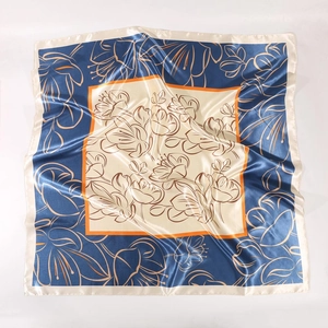 90cm satin square silk scarf featuring abstract floral prints in navy and orange