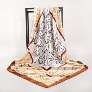 90cm satin silk square scarf with lily flower print and chocolate brown border