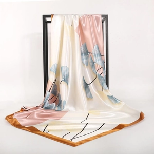 Elegant 90cm satin scarf featuring lotus leaf and ginkgo patterns in pink and cream