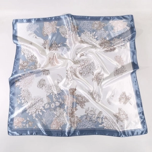 Elegant 90cm satin square silk scarf featuring a blue floral print on white base