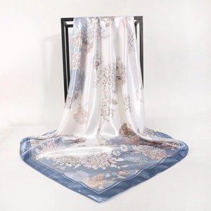 Off-white satin square scarf with navy borders and chrysanthemum floral patterns
