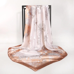 Elegant floral 90cm satin square scarf in pink and white with dark coffee border
