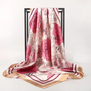 Rose Print Square Scarf Satin Polyester Satiny Large Sunscreen Shawl Elegant French Style Women Mother Gift Accessories