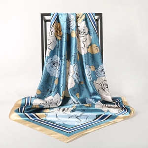 Sky blue satin floral square scarf with elegant rose patterns and striped borders