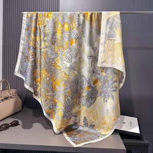 Satin silk large square scarf with yellow jungle and architecture botanical print