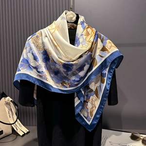 Elegant Floral Square Scarf Satin Polyester Satin Like Headscarf Vintage Shawl For Women Lightweight Fashion