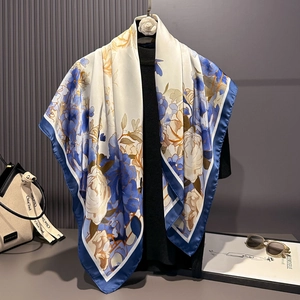 Elegant 90cm floral satin silk scarf for women in blue and white floral pattern