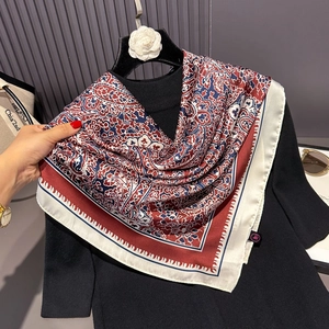 Retro paisley 90cm satin square headscarf in red and navy blue for women's fashion