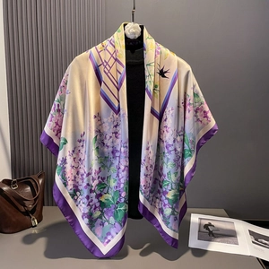 Large Square Scarf Satin Faux Satin Floral Swallow Print Elegant Hijab Sun Protection Shawl For Women