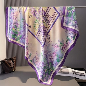 Floral purple silk satin square scarf with swallow prints and deep purple borders