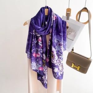 Large purple floral silk scarf on a hanger, elegant shawl gift for Mother's Day