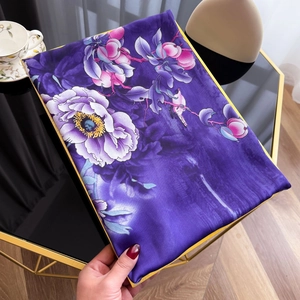Elegant purple silk scarf with floral peony and bird print featuring gold borders