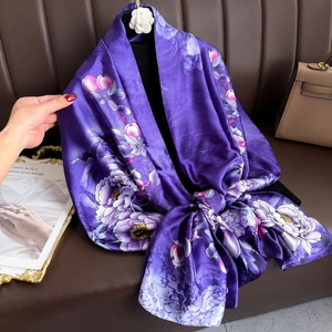 Elegant Faux Satin Satin Scarf For Women Purple Floral Peony Bird Print Long Lightweight Wrap Shawl Accessory