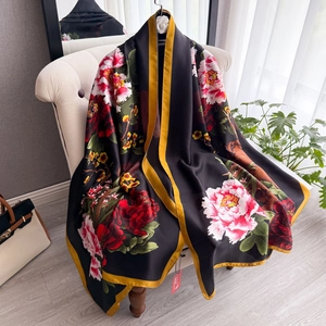 Elegant large black silk scarf with pink peony floral print and yellow borders