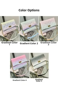 Detail view of five gradient quilted handbags with metallic locks and chain straps