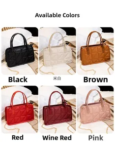 Detailed view of triangular quilted crossbody bags in six vibrant colors with chain straps