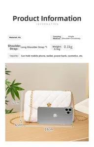 Detailed size specifications for a quilted white PU mobile phone bag with gold hardware
