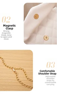 Detail view of white quilted bag featuring a gold magnetic snap and metallic chain strap