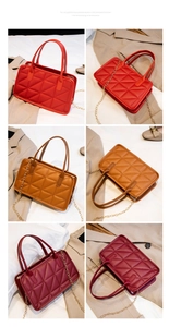 Detailed grid view of quilted chain handbags in red, brown, and burgundy colors