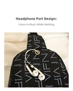 Detail of a black leather chest bag featuring a gold headphone port with wired earphones