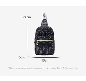 Detail of black chest bag with white VIFN letter print and gold zipper on white background