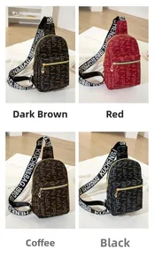 Collage of multi-color crossbody chest bags in brown, red, coffee, and black styles